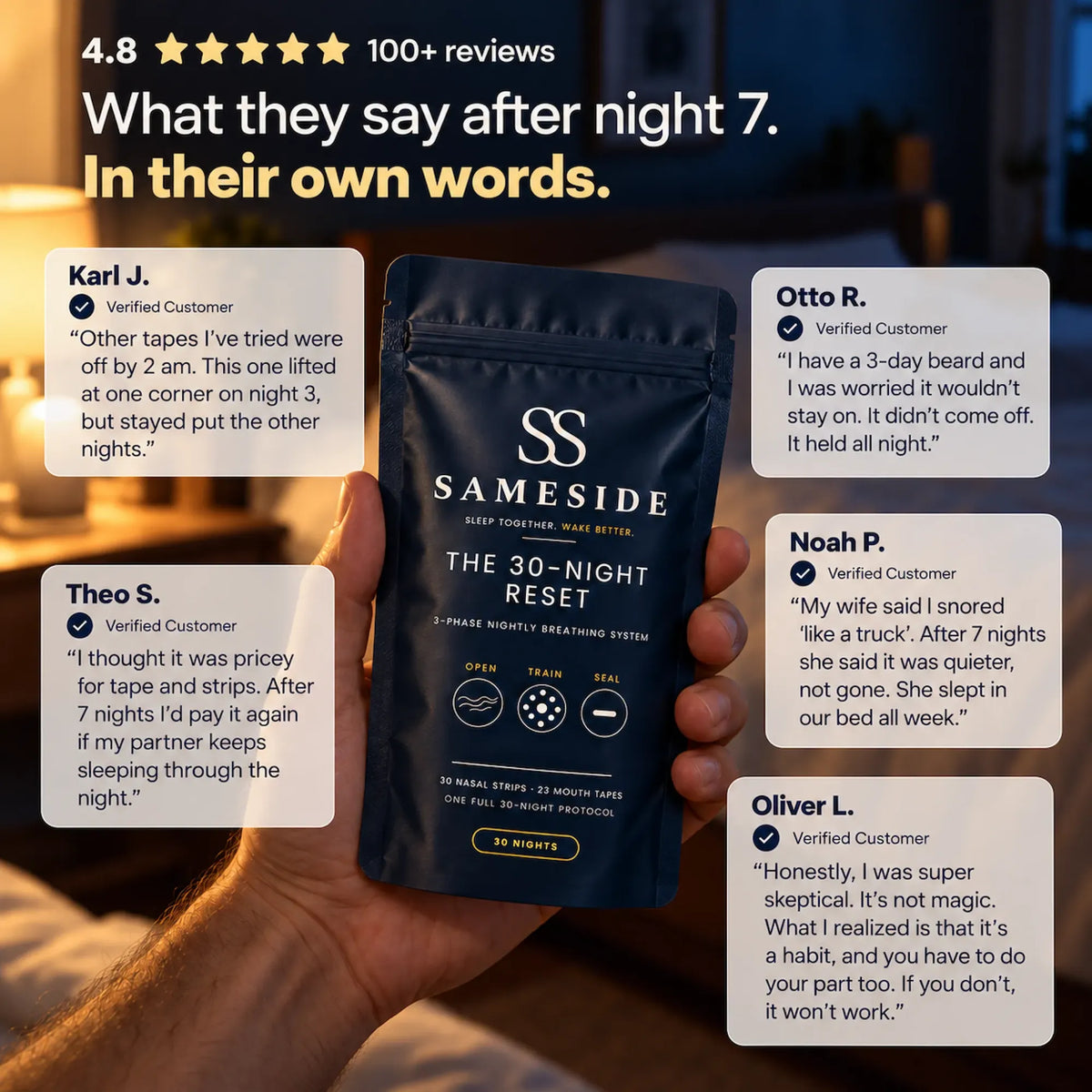 The 30-Night Reset pouch surrounded by customer reviews