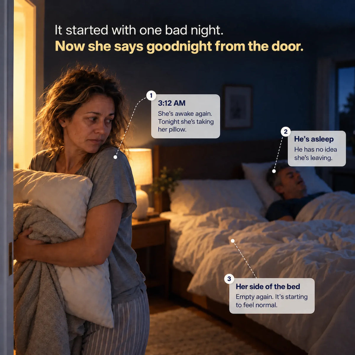Woman leaving the bedroom at night with her pillow while her partner sleeps